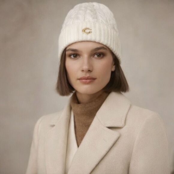 Coach Chalk Cable Knit Beanie Hat Gold C Logo NWT Winter Designer Cap main image 6